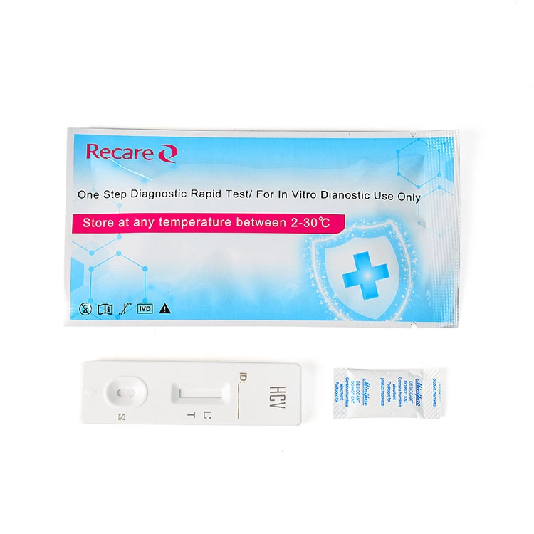 Individually pouched HCV rapid test cassette with desiccant, manufactured under strict international medical quality standards.